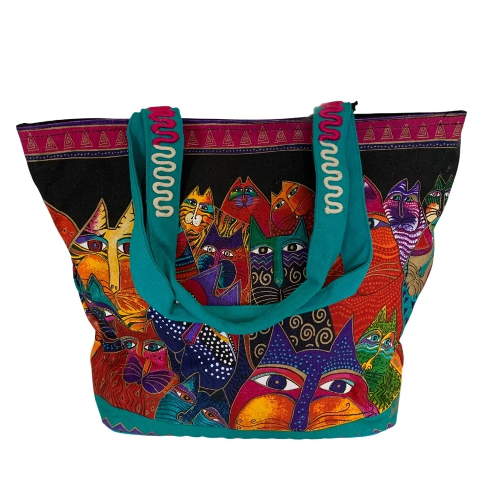 LAUREL BURCH Tote Bag Cat Faces Art Large Colorful Boho Style Shoulder Bag NWT - Picture 3 of 16